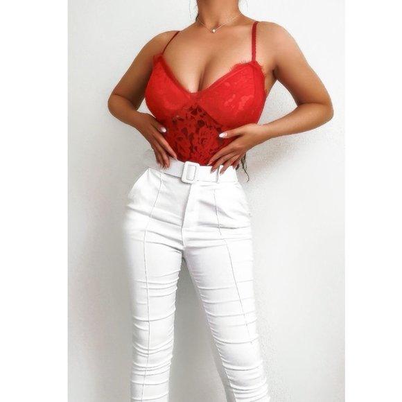 White High Waist Buckle Belt Tapered Cropped Straight Leg Ankle Pants - Picture 11 of 14